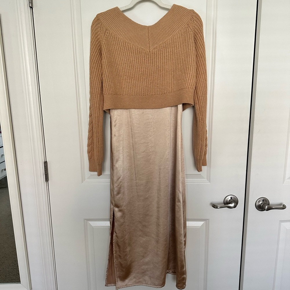 Tan and Cream Long Sleeve V-Neck Cocktail Dress